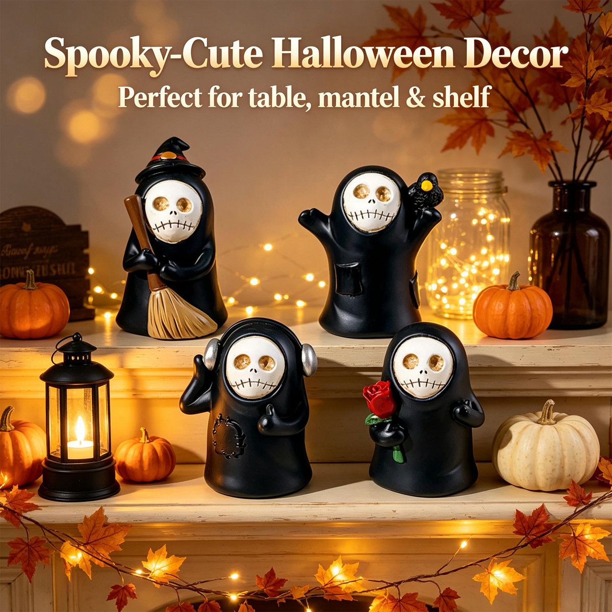 Mini Ghost Halloween Decor Set of 4 Hand Painted Resin Tabletop Figurines