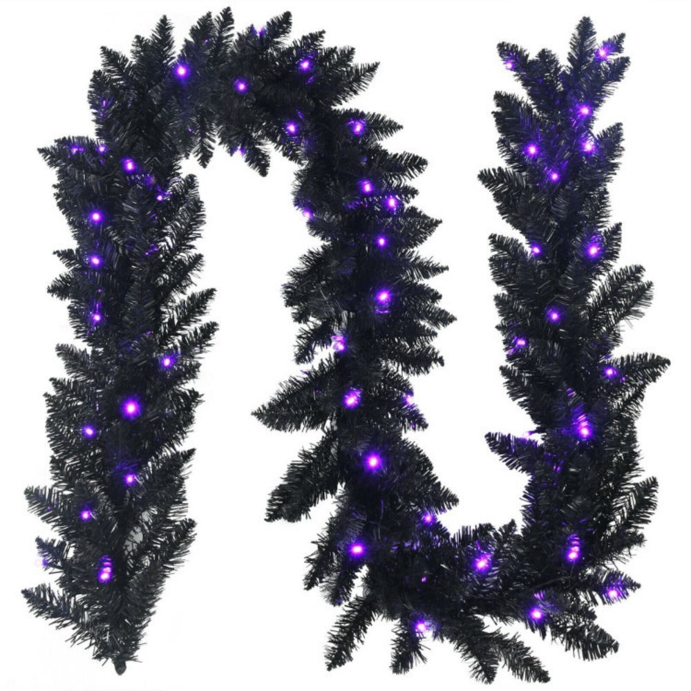 9 Ft Pre-Lit Black Halloween Garland with 50 Purple LED Lights