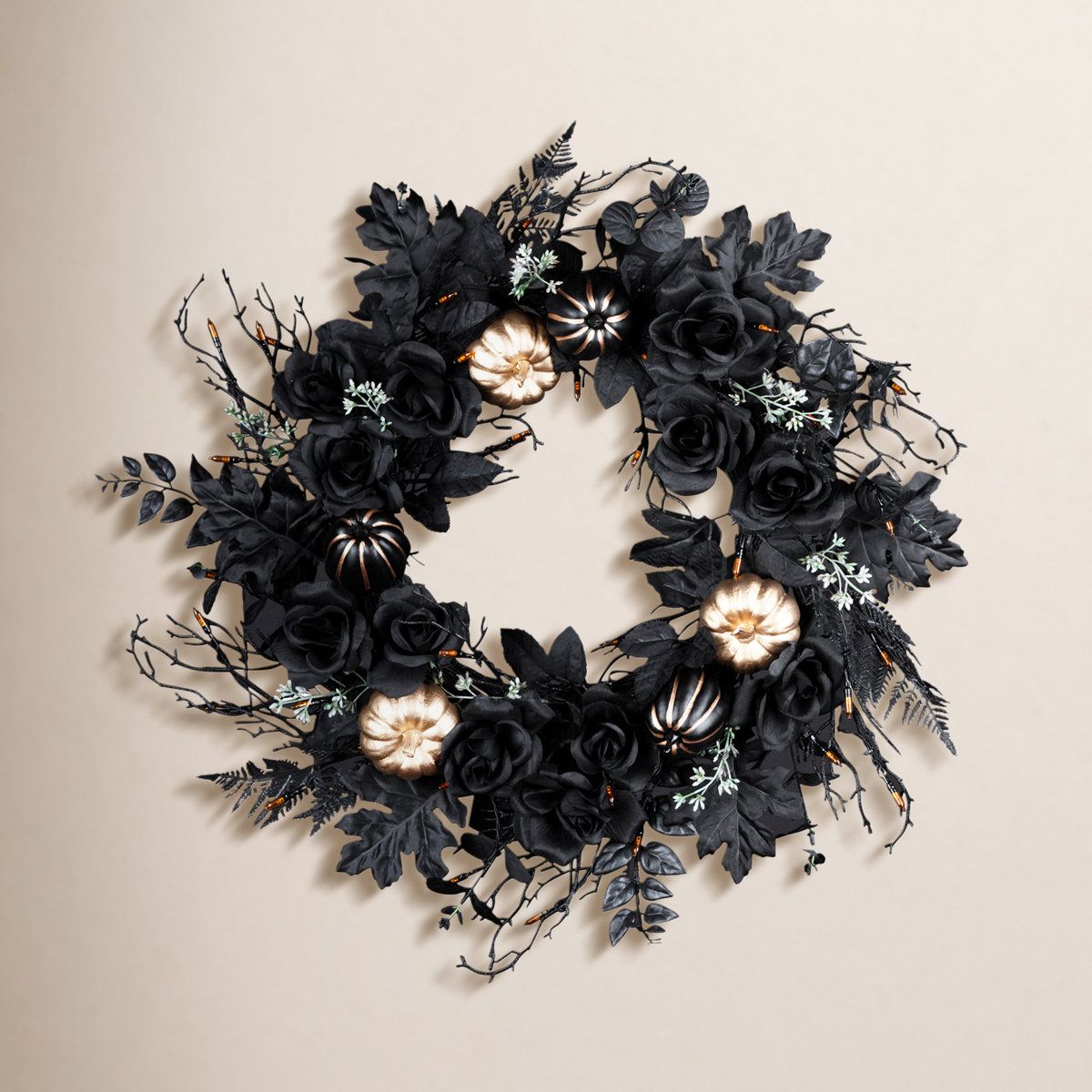 Black and Gold Pre-Lit Halloween Wreath with 40 Orange LED Lights 24 Inch