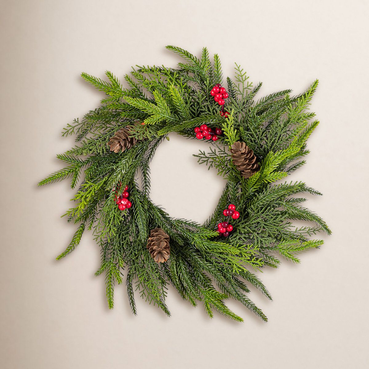 14 Inch Artificial Christmas Wreath with Pinecones and Red Berries Set of 2