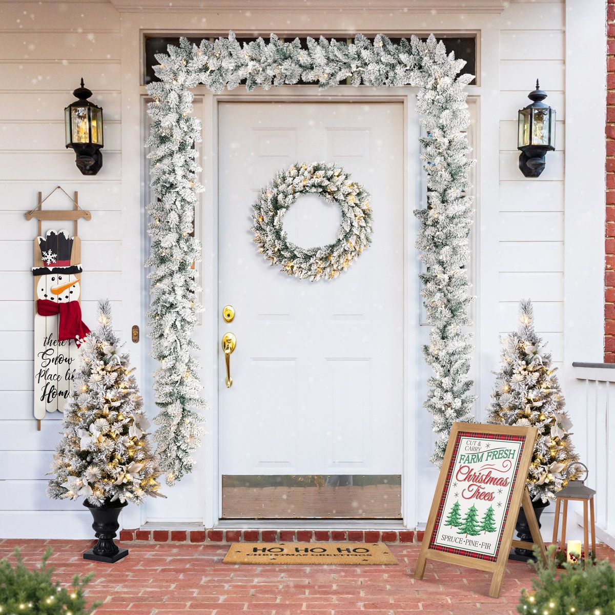 9ft Flocked Christmas Garland Set with 100 Warm White LED Lights and Pinecones