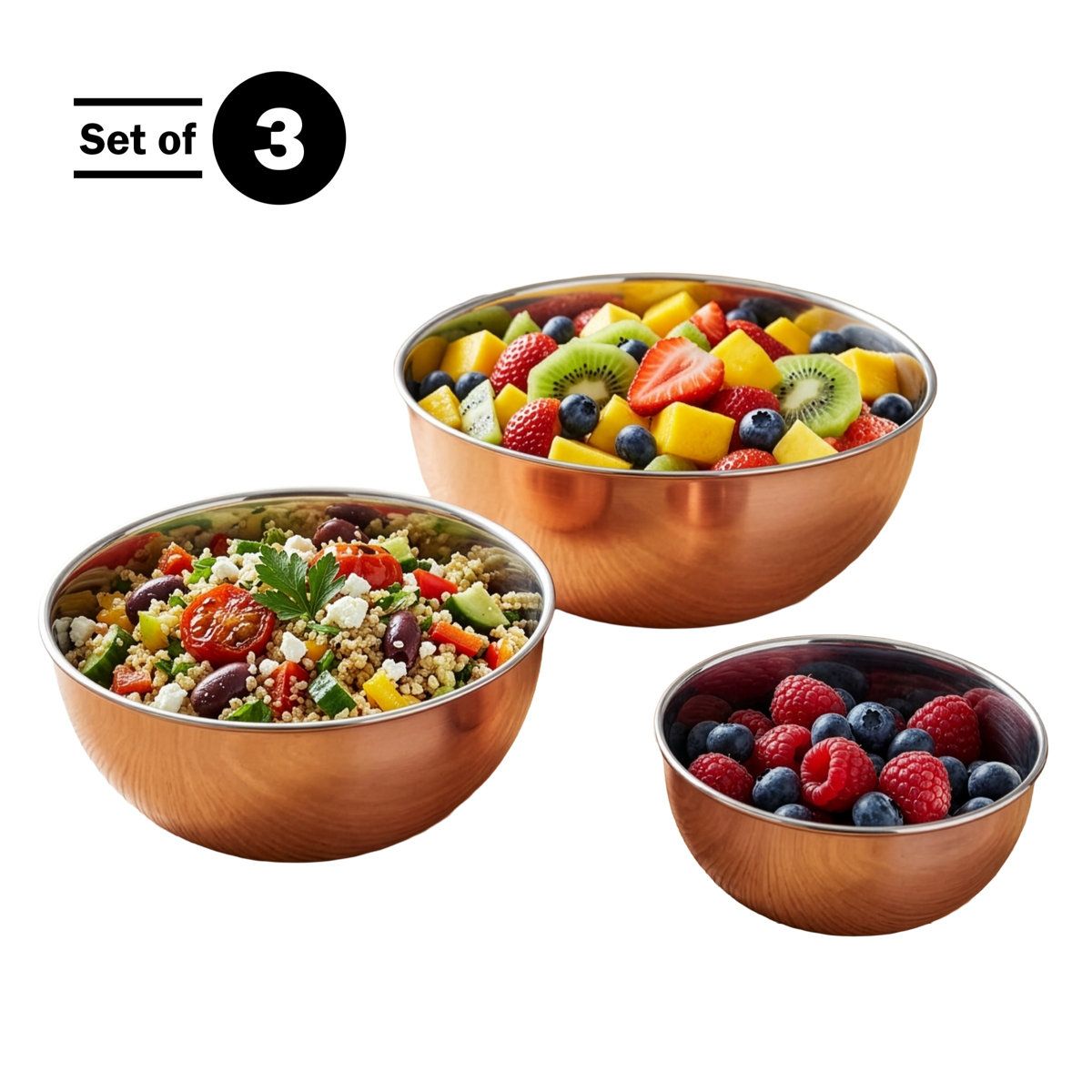3 Piece Copper Stainless Steel Mixing Bowl Set with Nesting Design