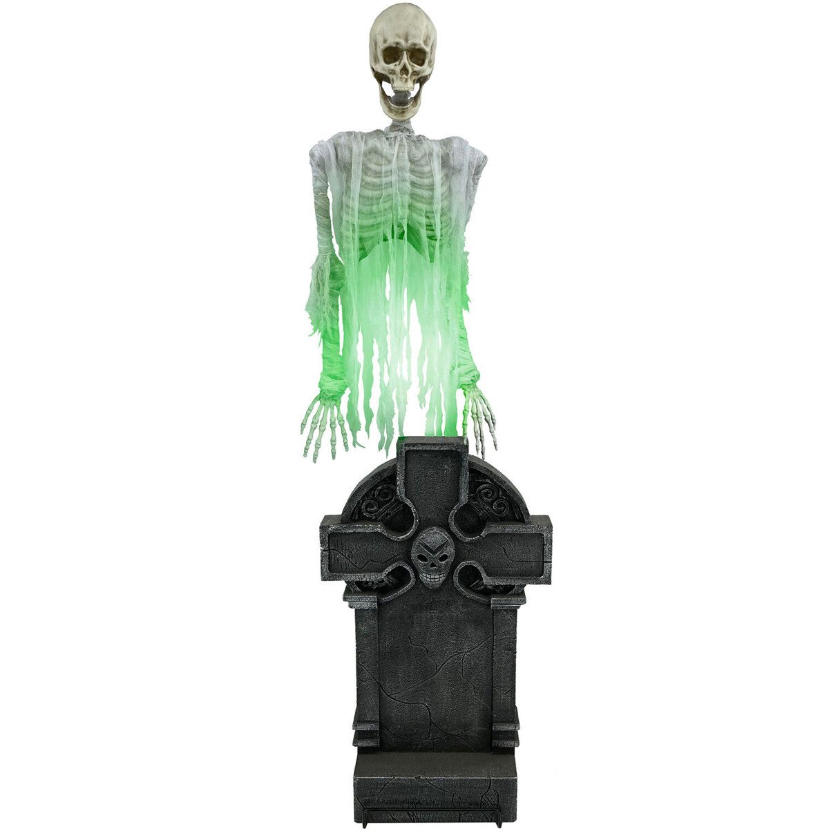 Floating Skeleton Ghost Halloween Animatronic with Tombstone Motion Activation and LED Lights