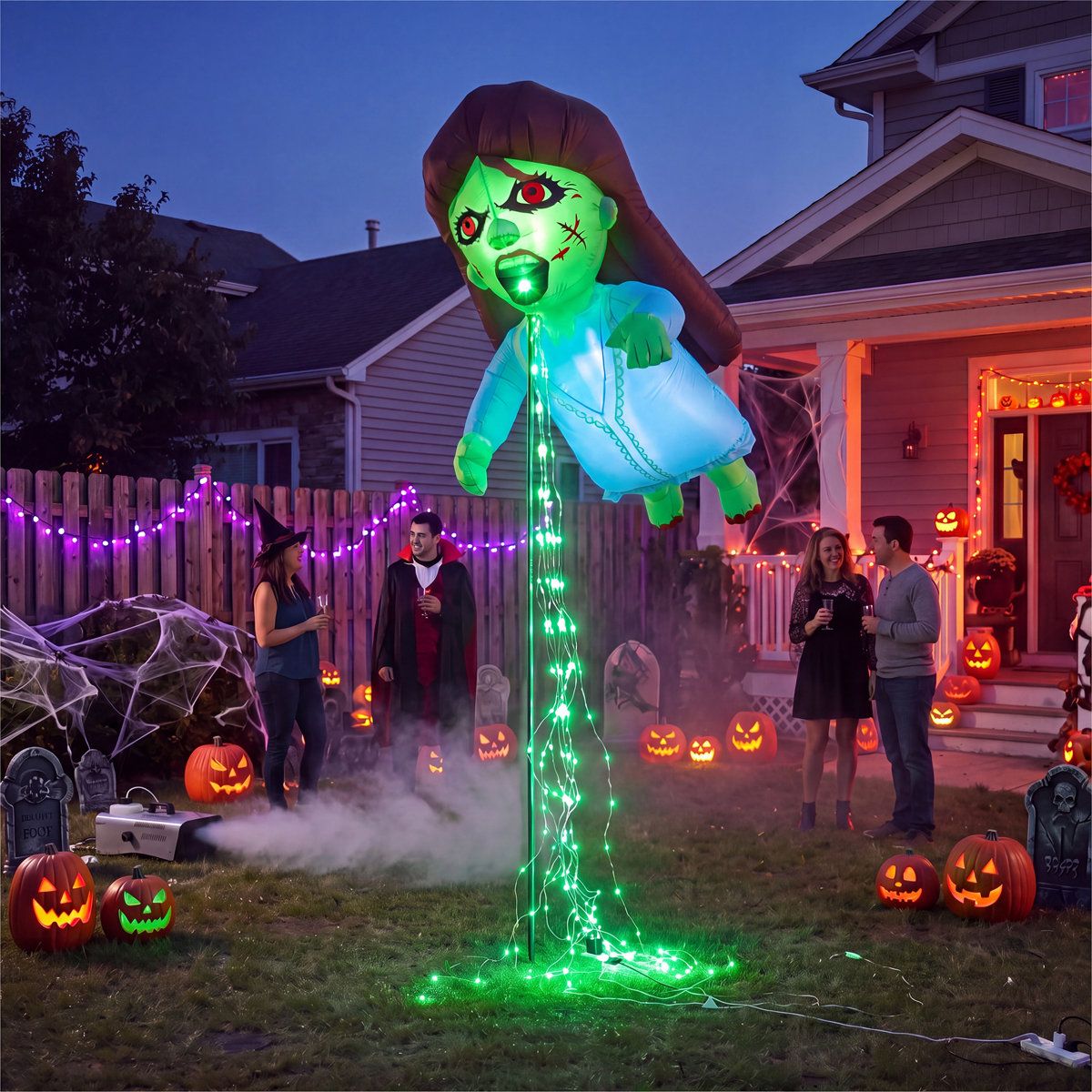 Outdoor Halloween Inflatable Ghost with Green LED Light