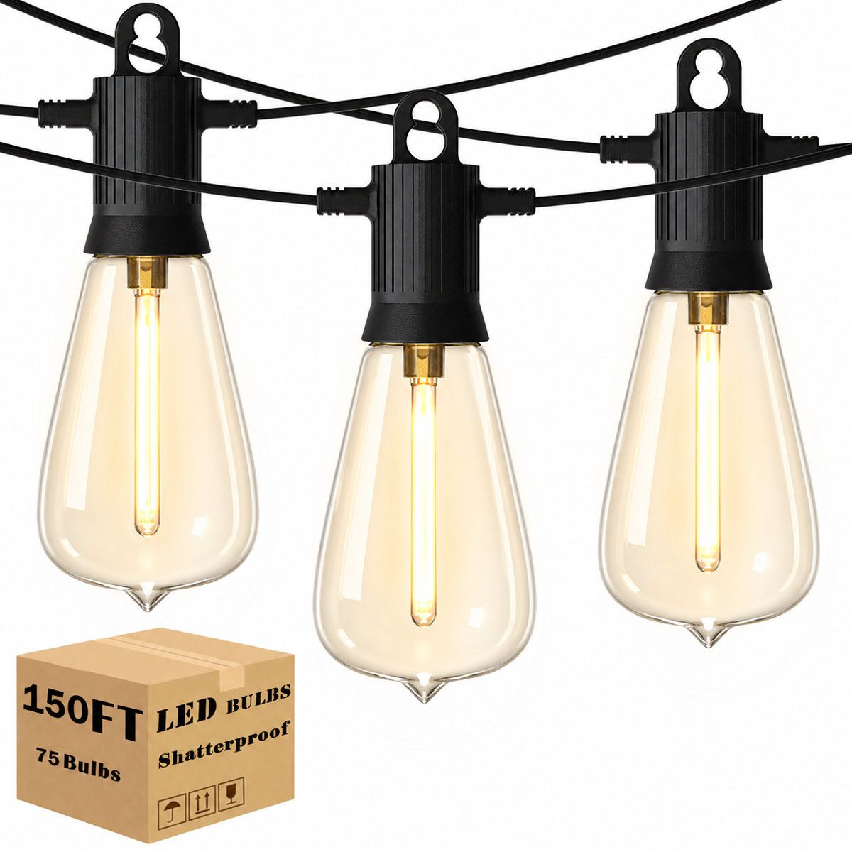 150FT LED Outdoor String Lights with 75 Shatter-Resistant Bulbs