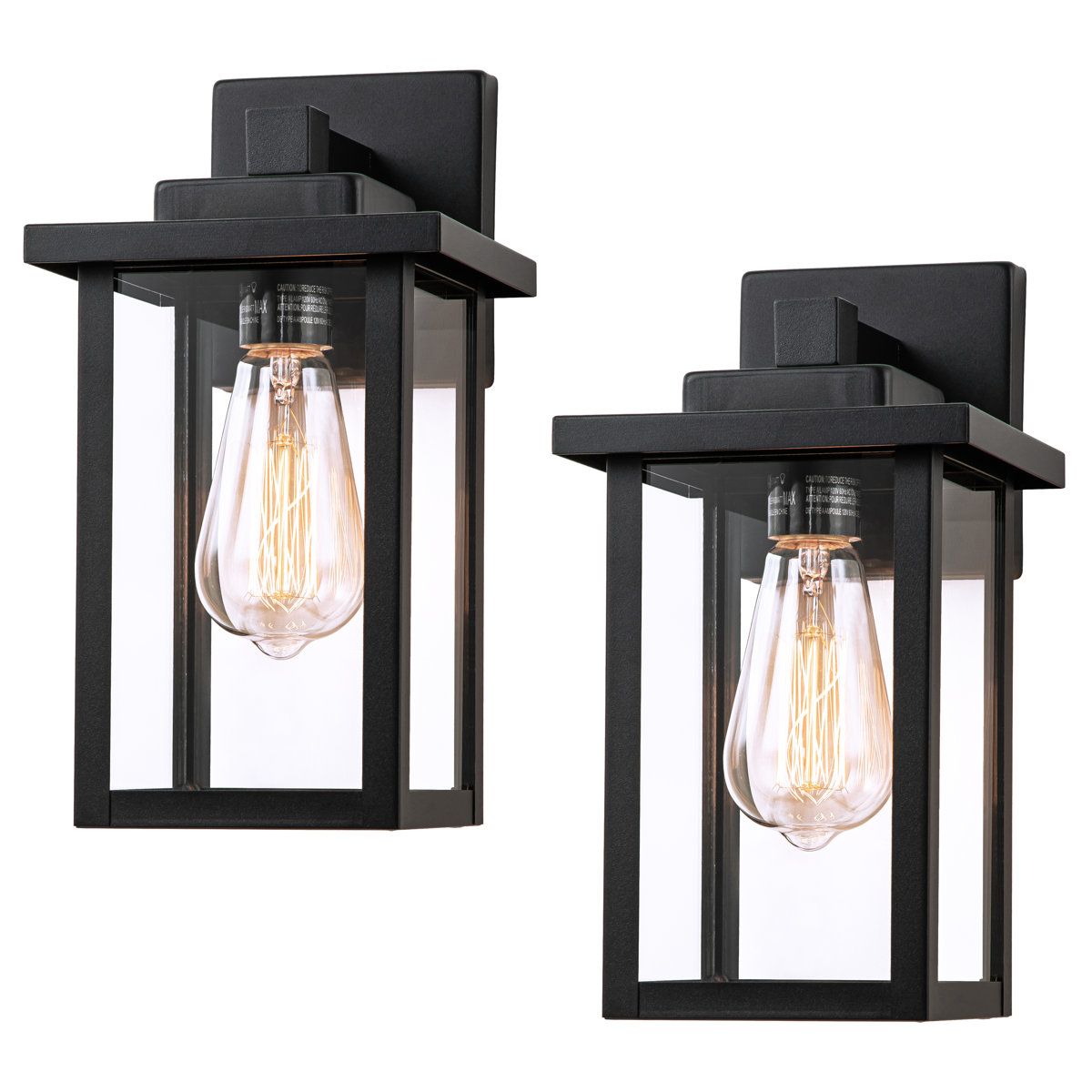 Matte Black Outdoor Wall Lantern Set of 2 with Clear Tempered Glass