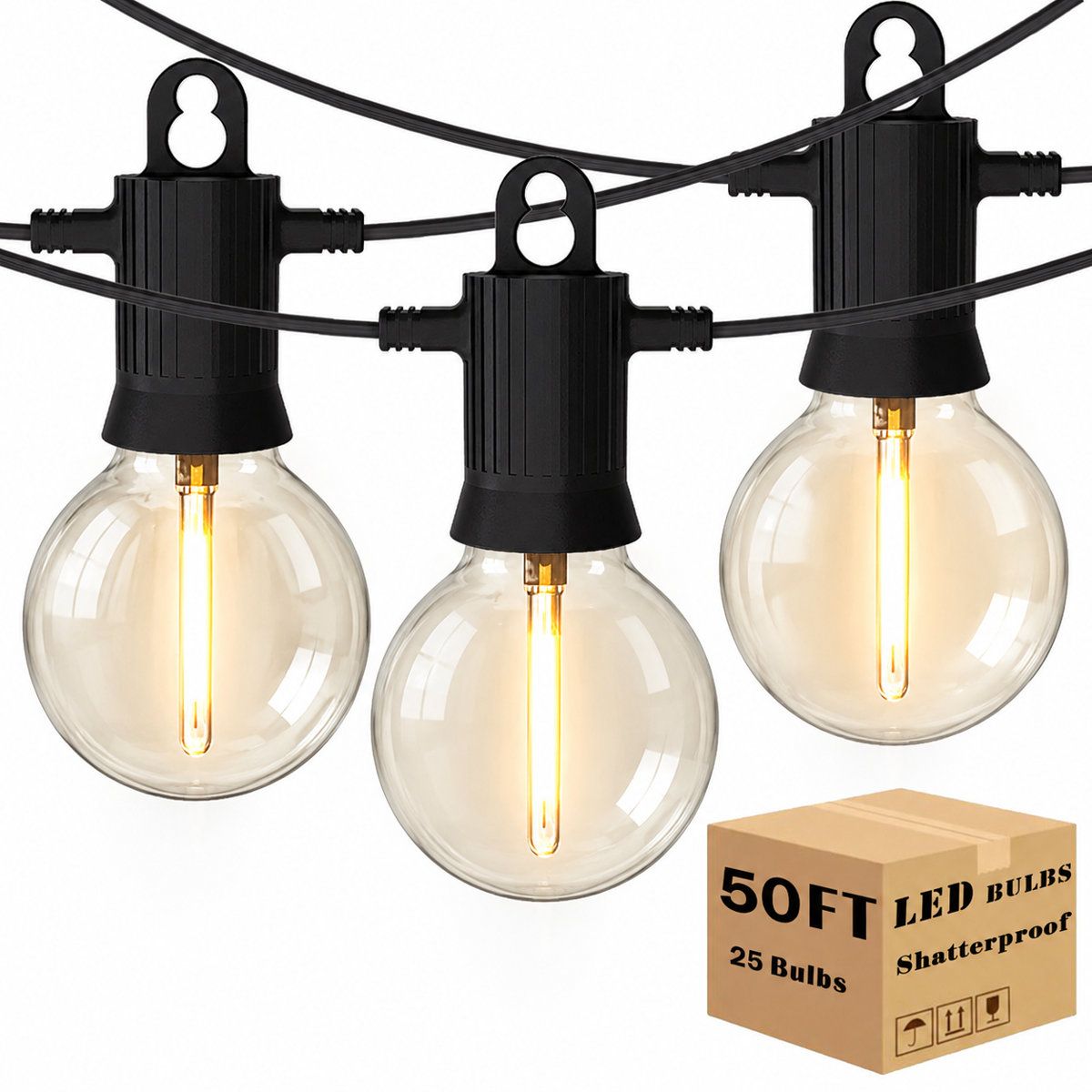 50FT LED Outdoor String Lights with 25 G40 Dimmable Shatter-Resistant Bulbs