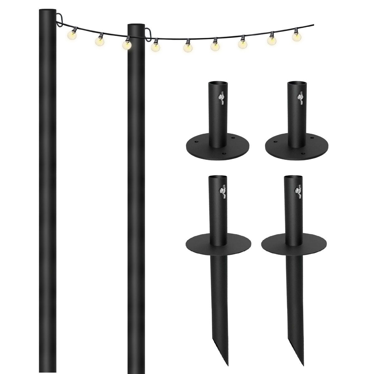 Outdoor String Light Poles with 50 Ft LED Lights Set of 2