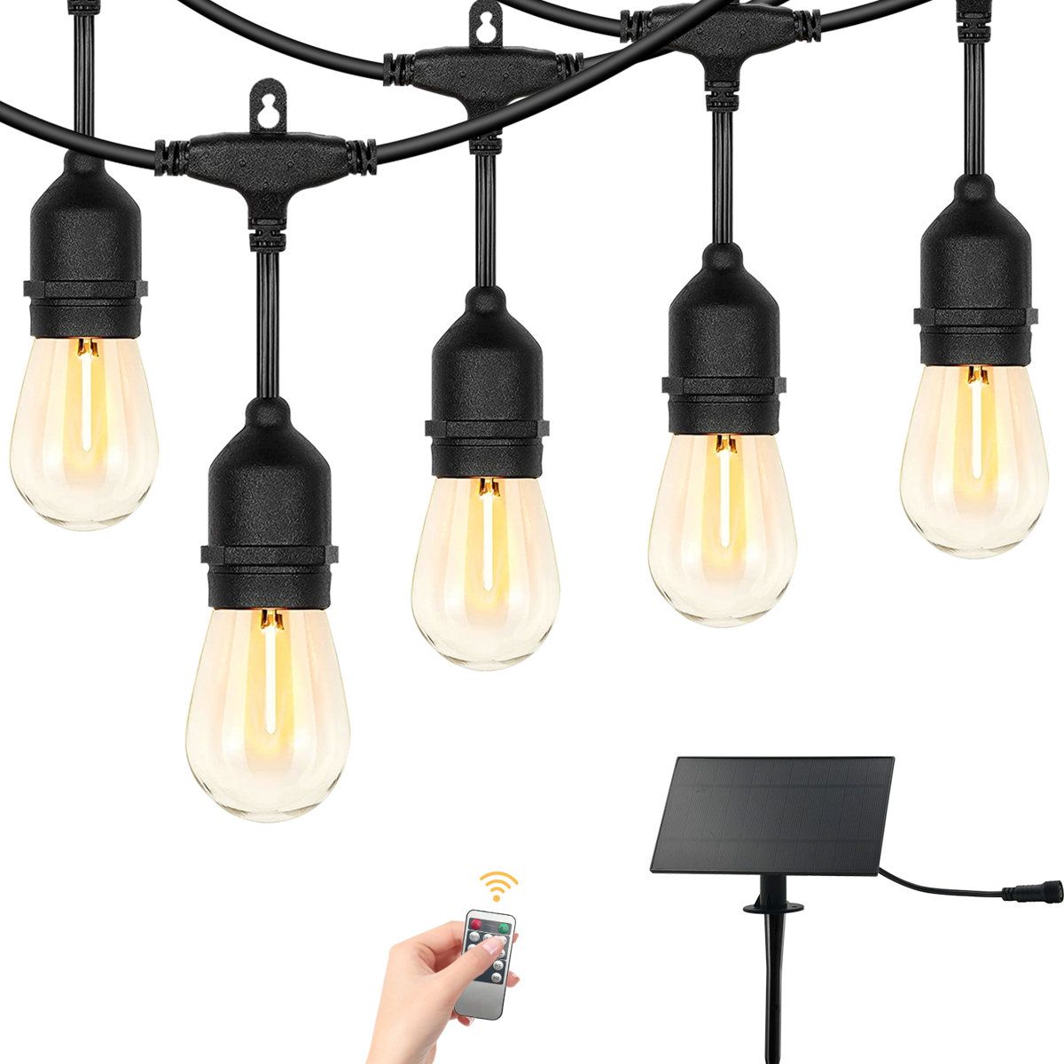 50FT Solar Outdoor String Lights with 15 LED Edison Bulbs