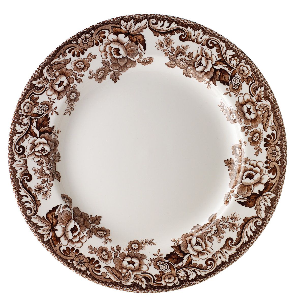 Floral Earthenware Dinner Plate Set 10.5 Inch Round Brown and White