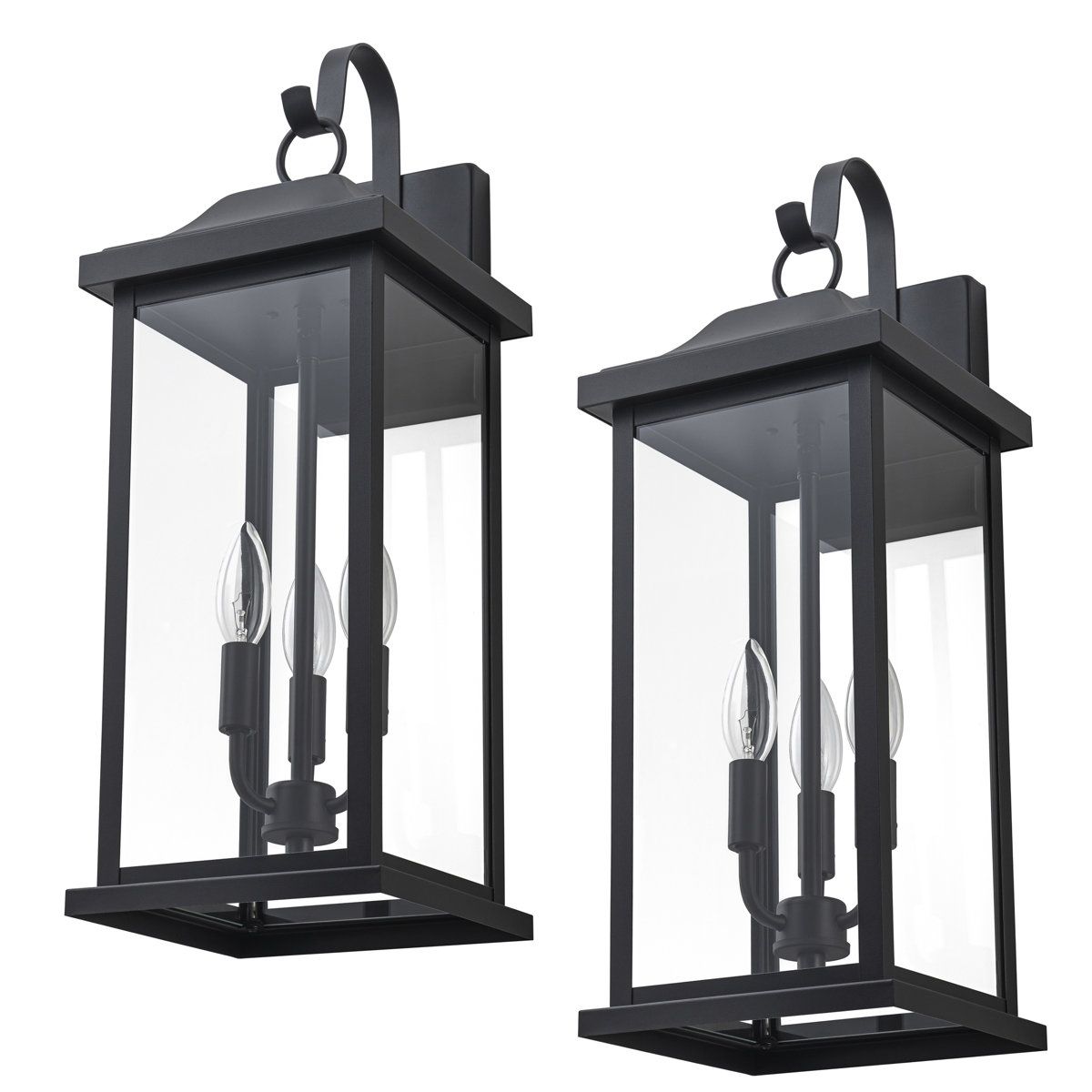 2 Pack 22 Inch Outdoor Wall Lantern Matte Black Metal Fixtures with Clear Tempered Glass 3 Light E12 Base