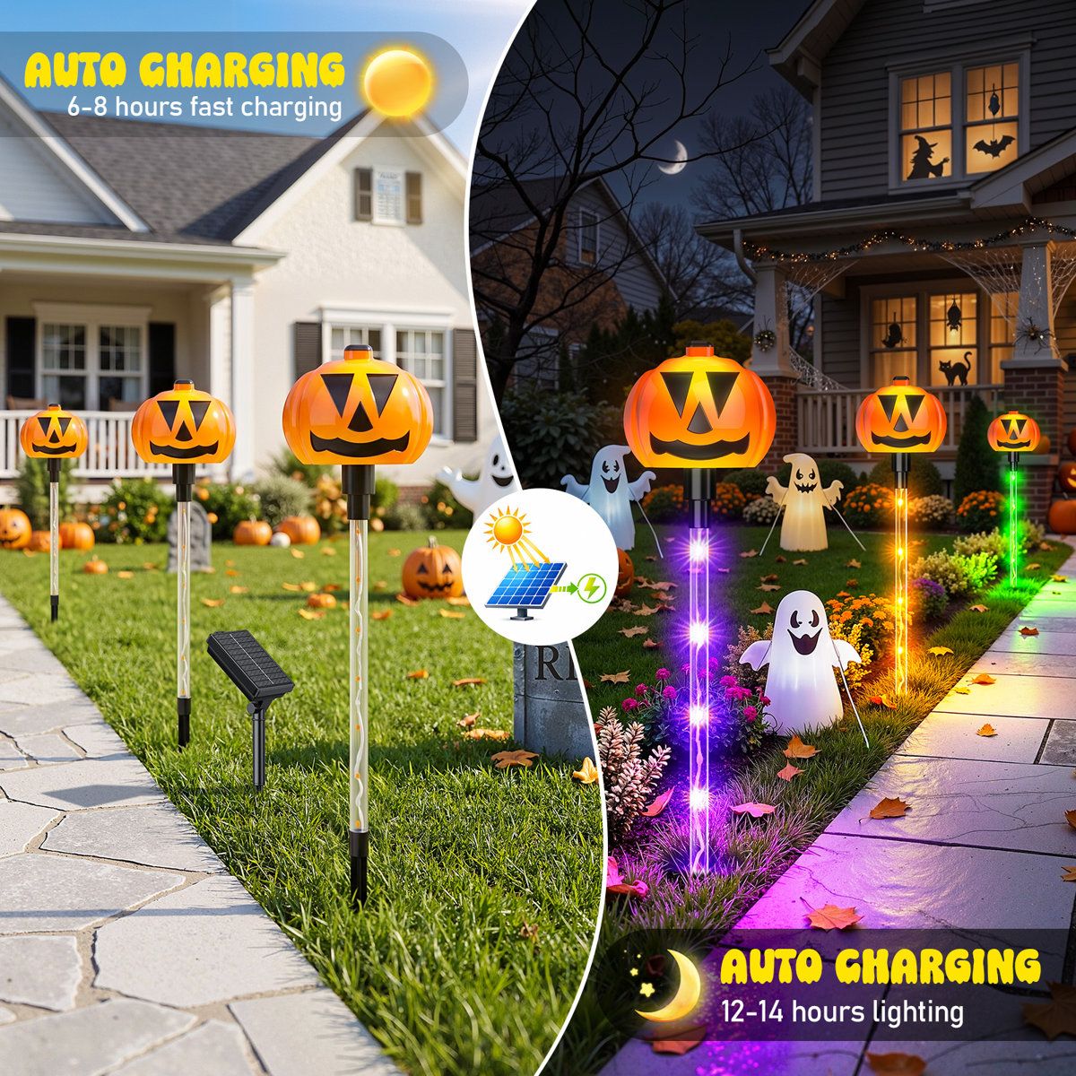 Solar Pumpkin Pathway Lights 6-Pack Outdoor Halloween LED Stakes with 8 Modes