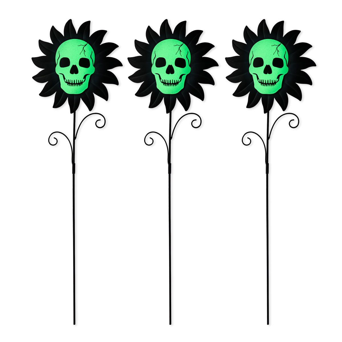 24 Inch Set of 3 Halloween Metal Sunflower Skull Yard Stakes with Green Night Glow