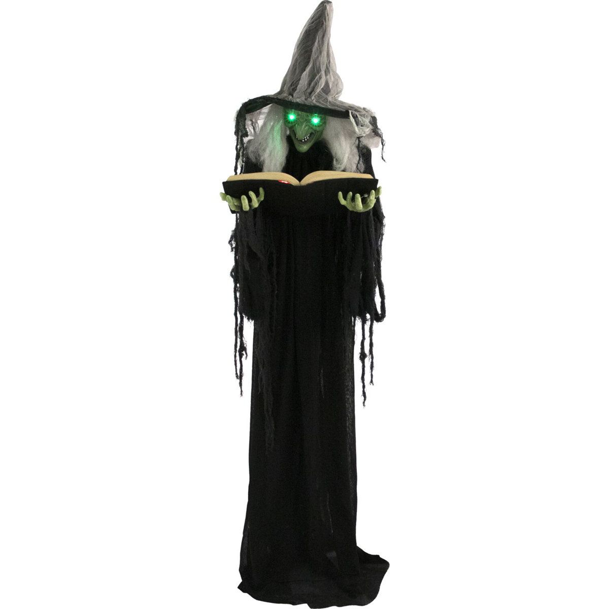 Life-Size 6 Ft. Poseable Witch Animatronic with Light-Up Spell Book Green LED Eyes and Sound