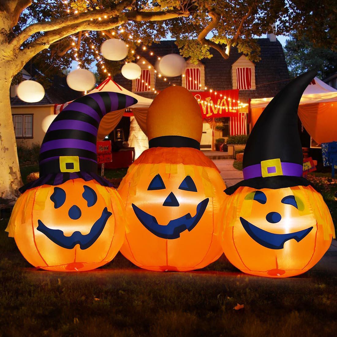 6.5 FT Halloween Inflatable Three Pumpkins in Witch Hats with Built-in LED Lights