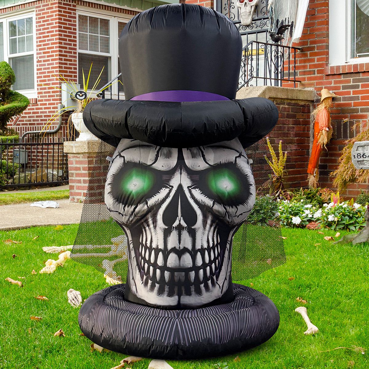 6 FT Halloween Inflatable Skull with Lace Veil Hat and Glowing Green LED Eyes