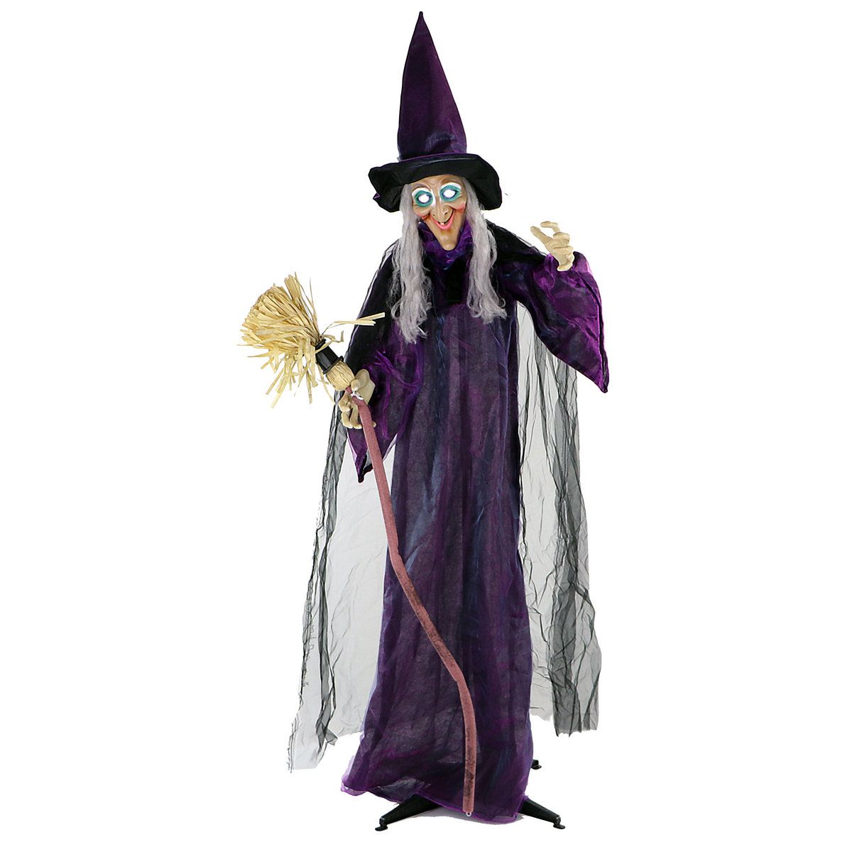 6 ft Life Size Animated Talking Witch with Broomstick Halloween Animatronic LED Lights