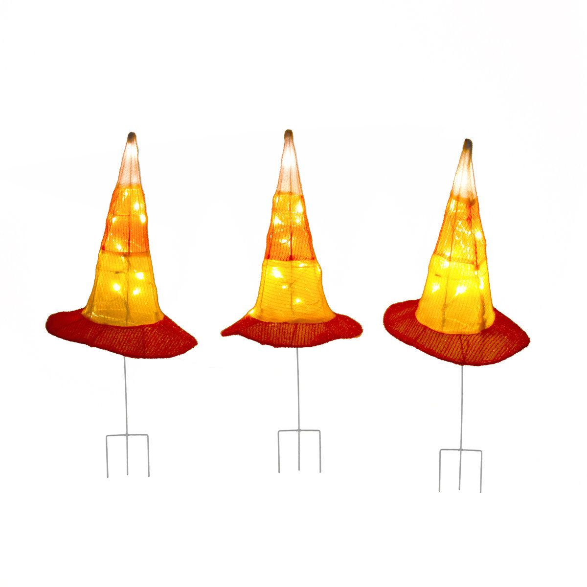 Pre Lit Halloween Candy Corn Witch Hat Garden Stakes with 35 LED Lights