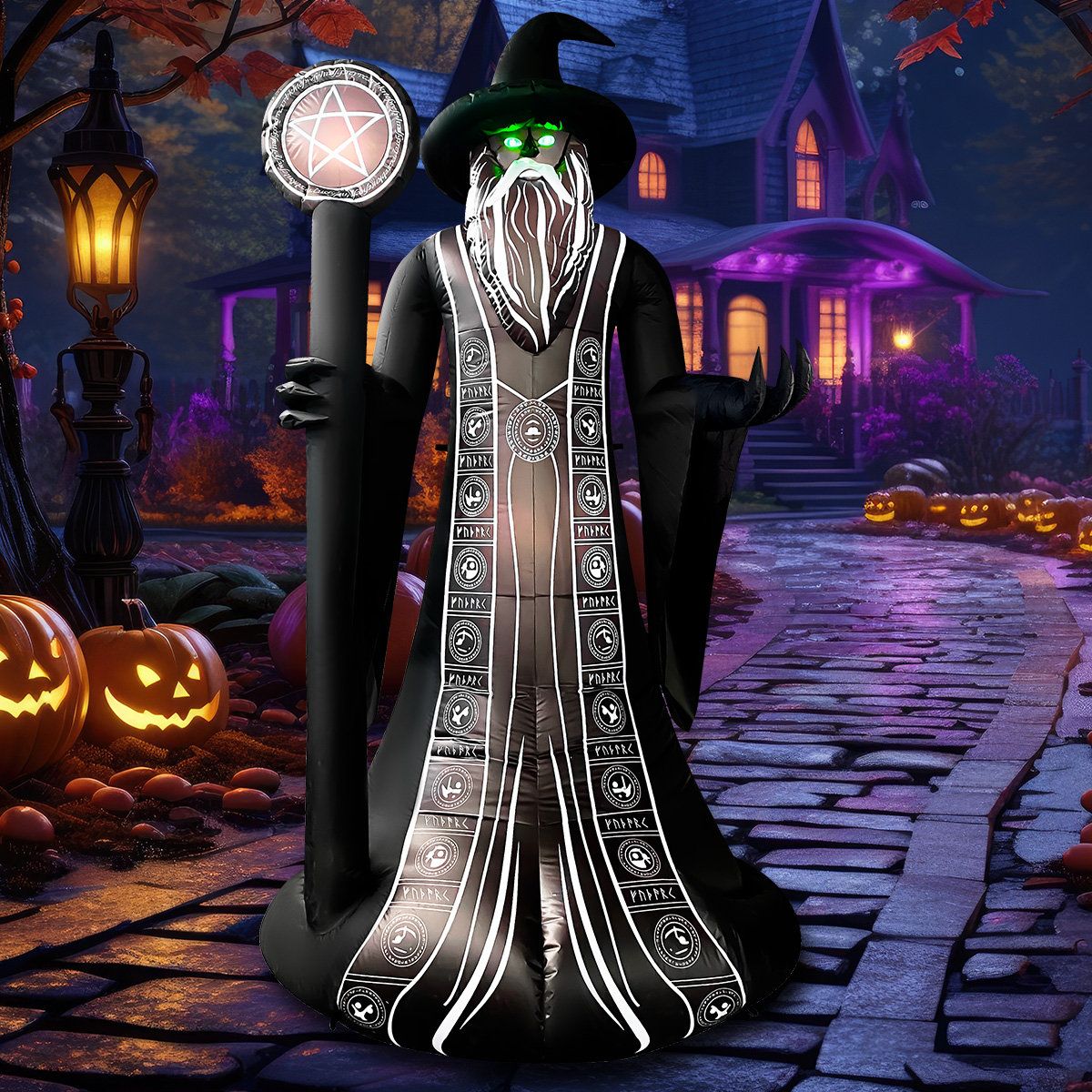 8 FT Halloween Inflatable Wizard with Magic Wand & LED Lights