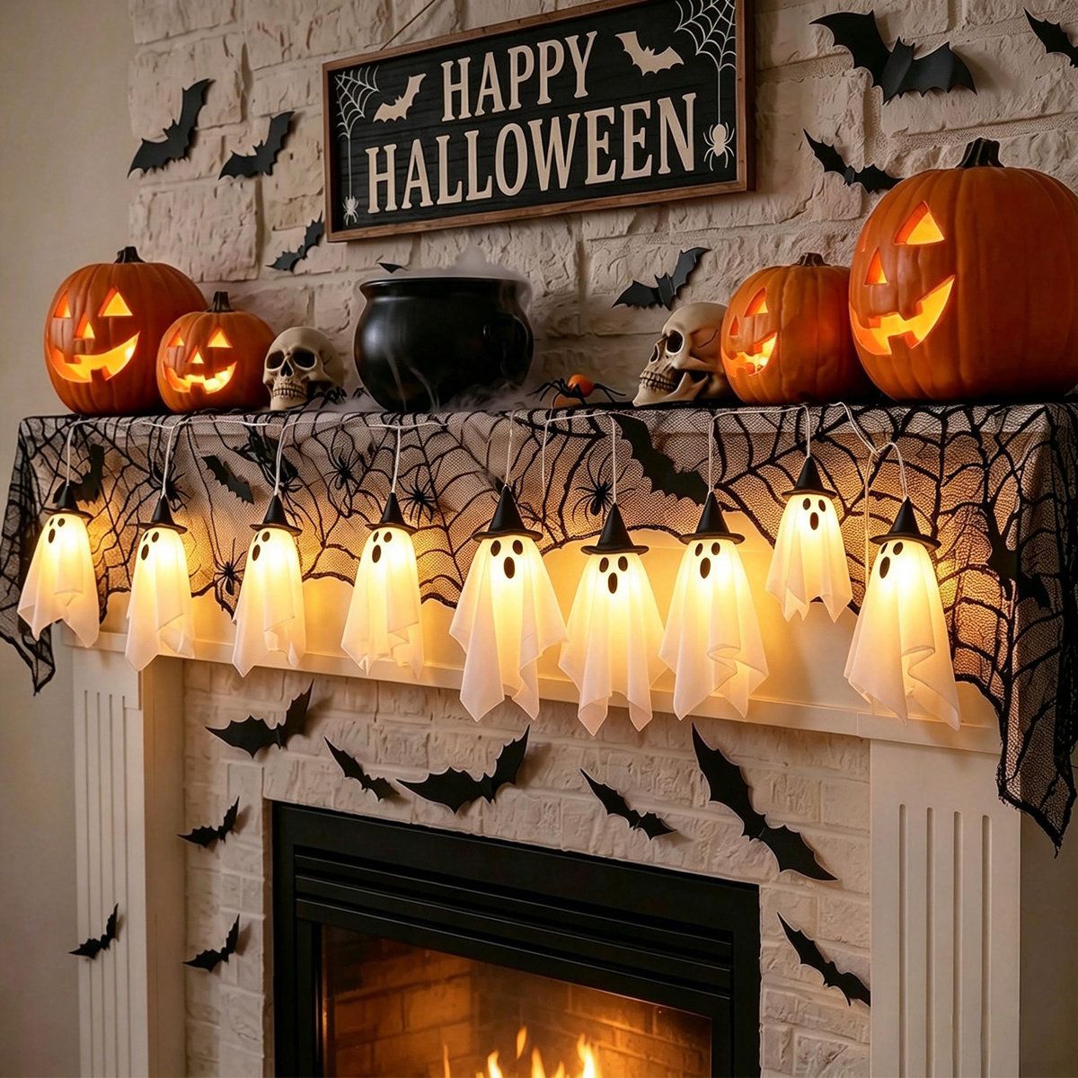 9ft Halloween Ghost String Lights with Witch Hats Battery Operated Warm White LED Spooky Outdoor Hanging Decor