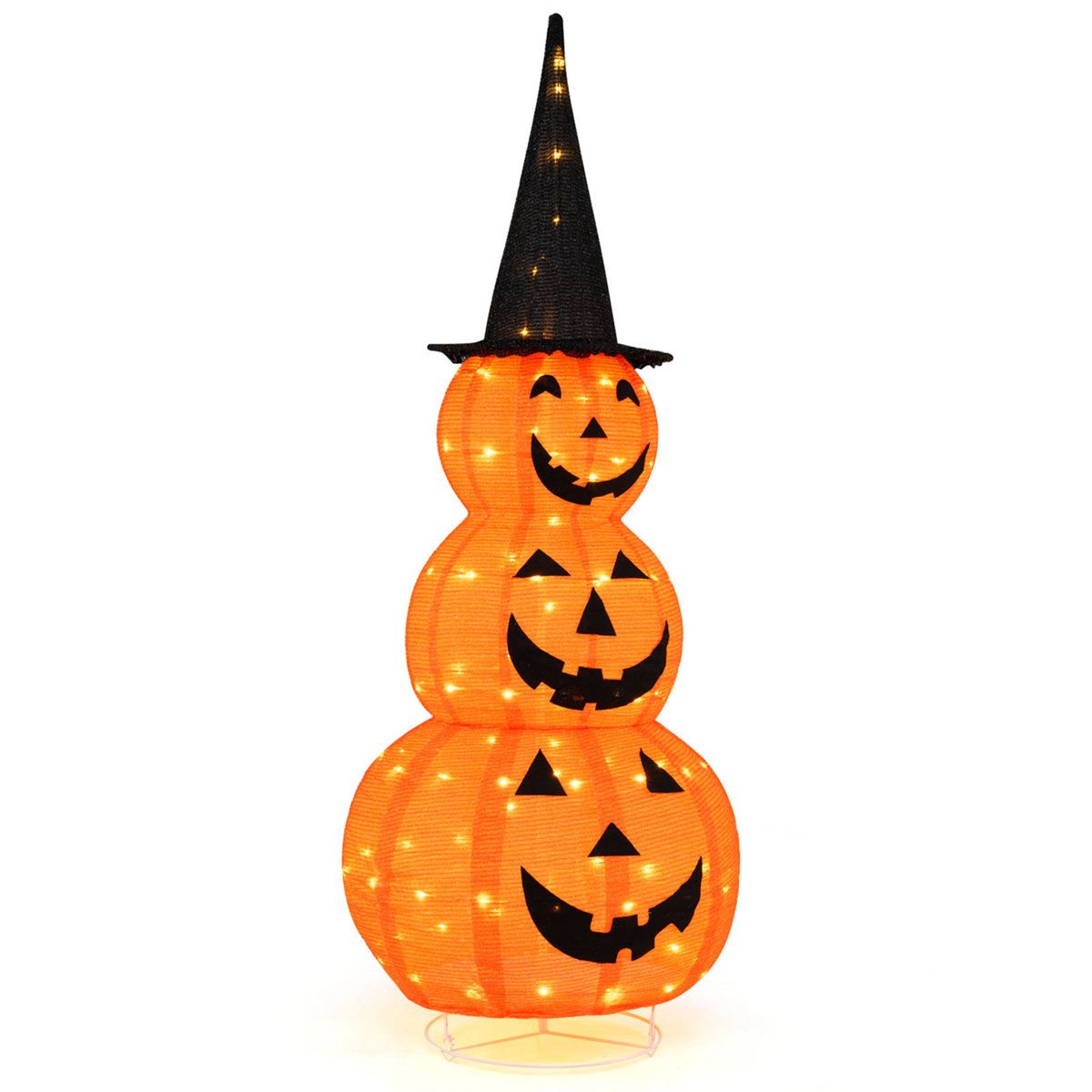 60 Inch LED Lighted Stacked Pumpkins with Witch Hat Outdoor Halloween Garden Stake