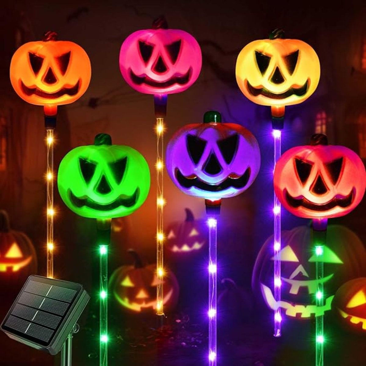 Solar Pumpkin Pathway Lights Set of 6 Color Changing Outdoor Halloween Decor