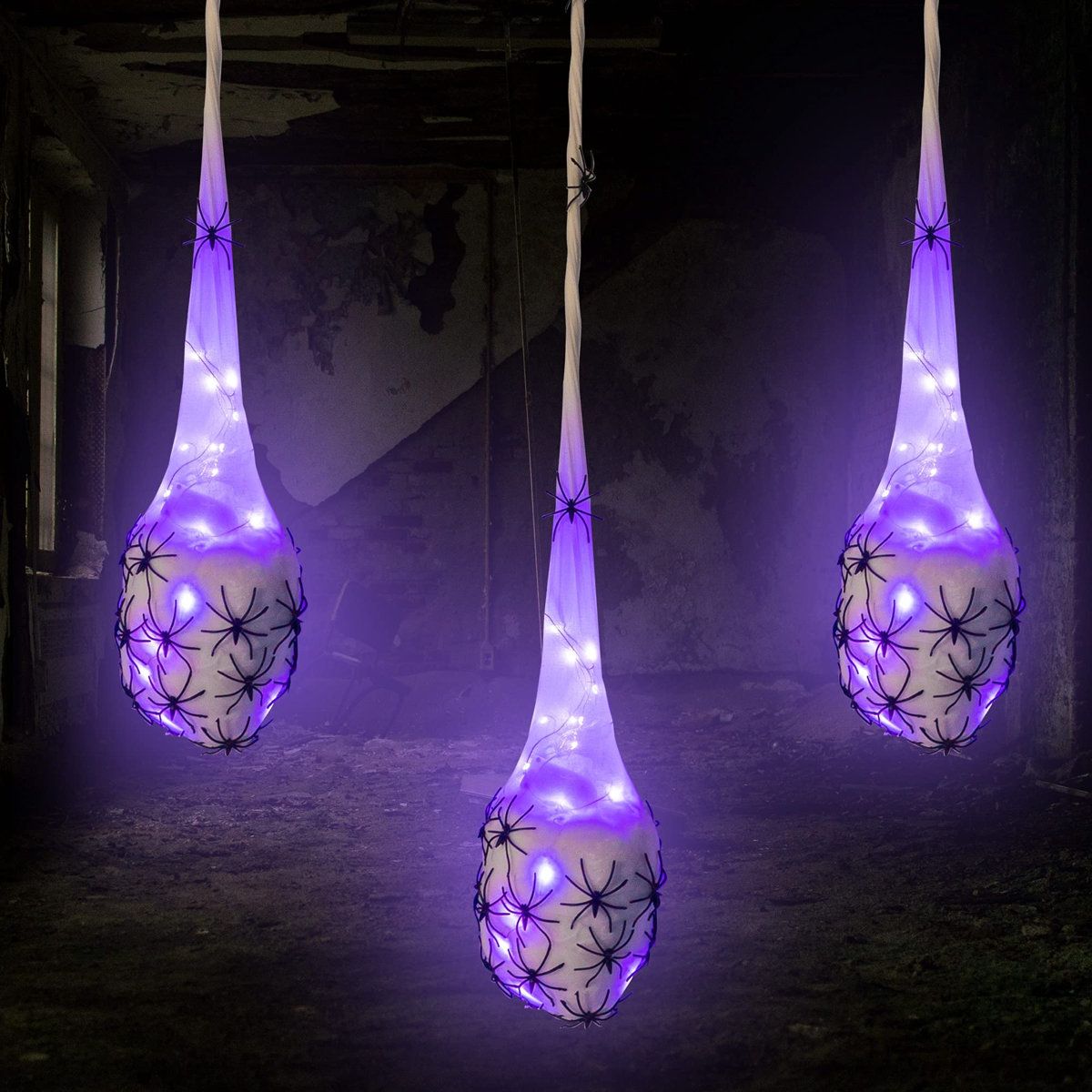 3 Pack 3.2ft Light Up Hanging Spider Egg Sacs Purple Halloween LED Decor