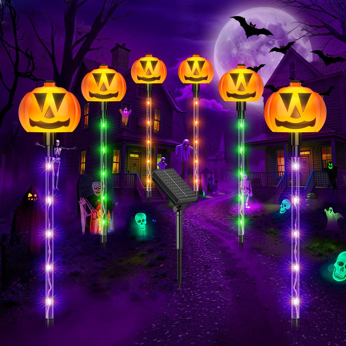 Halloween Solar Pumpkin Pathway Lights 8 Modes IP65 Waterproof Jack-O-Lantern Stake Lights Set of 6