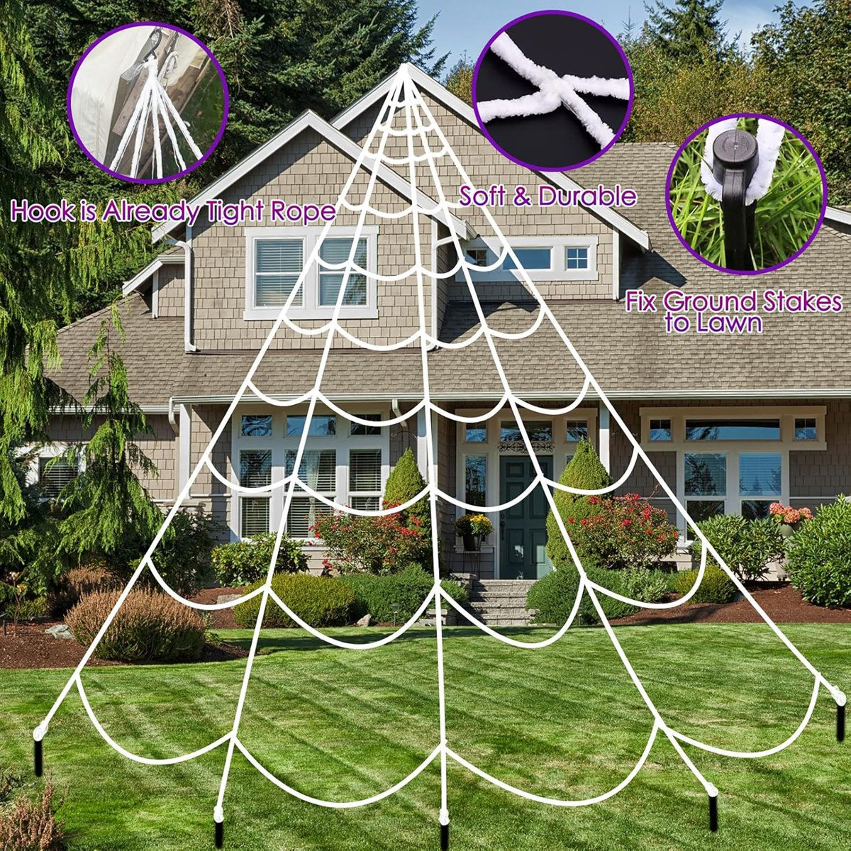 Giant Light Up Halloween Spider Web 180 LED Purple and Orange Outdoor Decor Lights