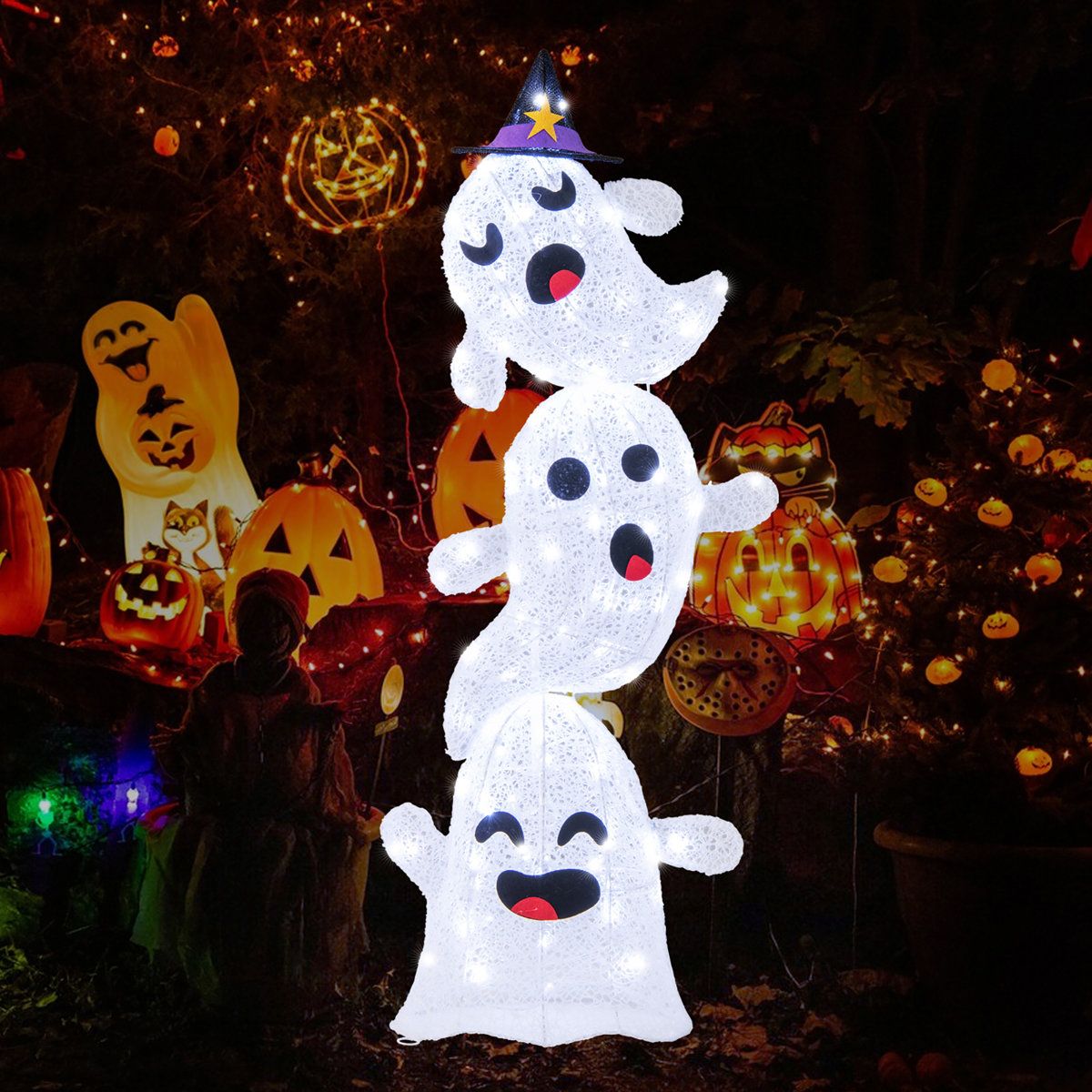 48 Inch LED Lighted Stacked Ghosts Outdoor Halloween Decoration
