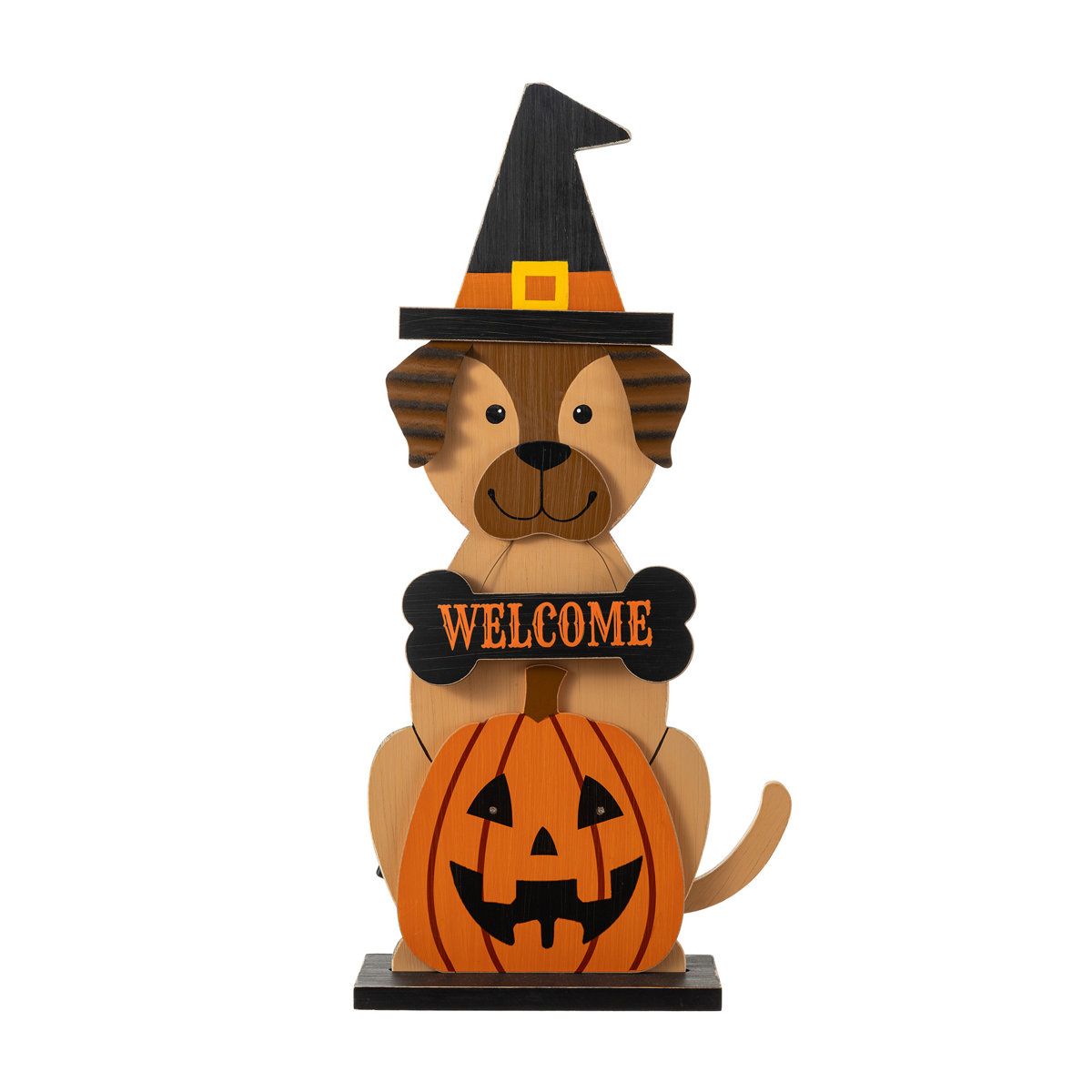 30 Inch Lighted Halloween Wooden Witch Dog Porch Decor with Timer