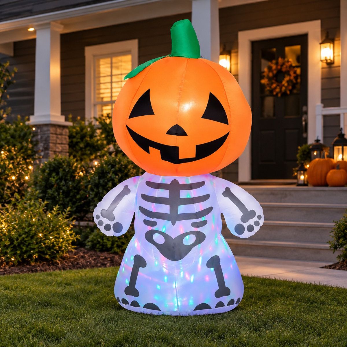 Inflatable Skeleton Pumpkin Halloween Outdoor Yard Decoration with Rotating Lights