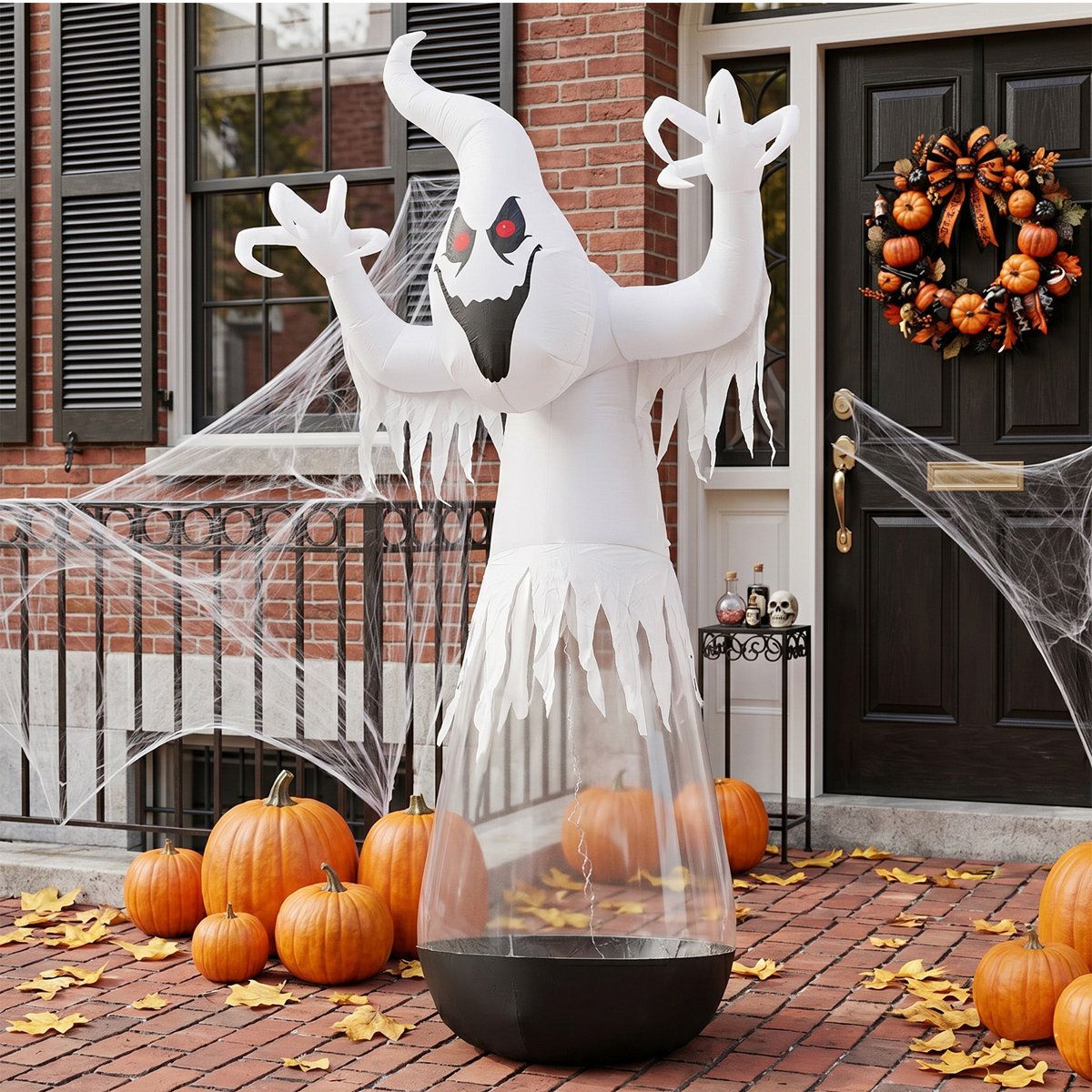 12FT Half Body Clear PVC White Ghost Inflatable Halloween Yard Decoration with LED Lights Blower Stake