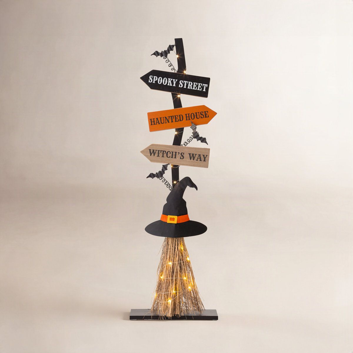 Lighted Wooden Witch Broom Halloween Sign with Warm White LEDs 42 Inch Height