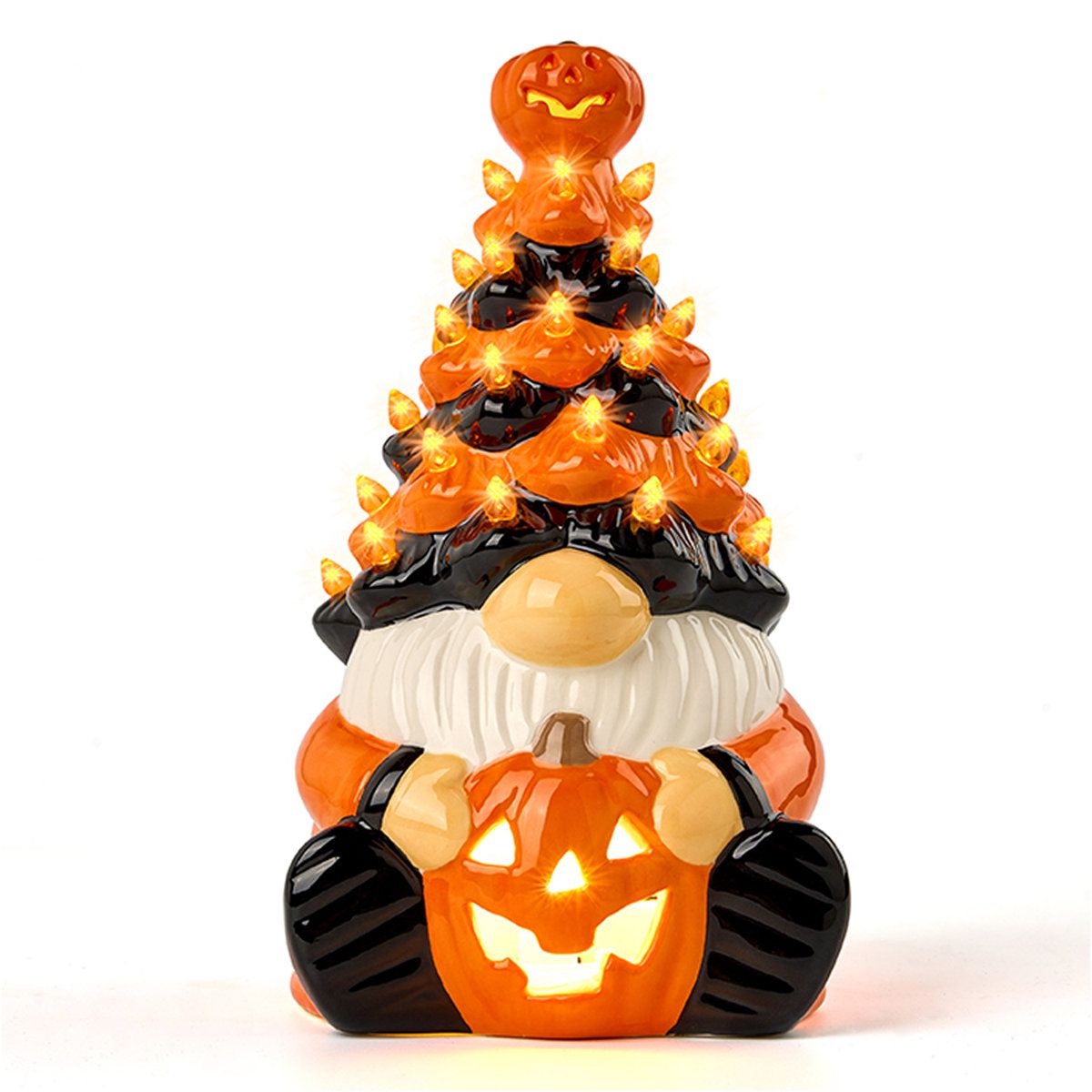 Ceramic Pumpkin Gnome Tree with Built In LED Lights 8.5 Inch Tabletop Halloween Decor