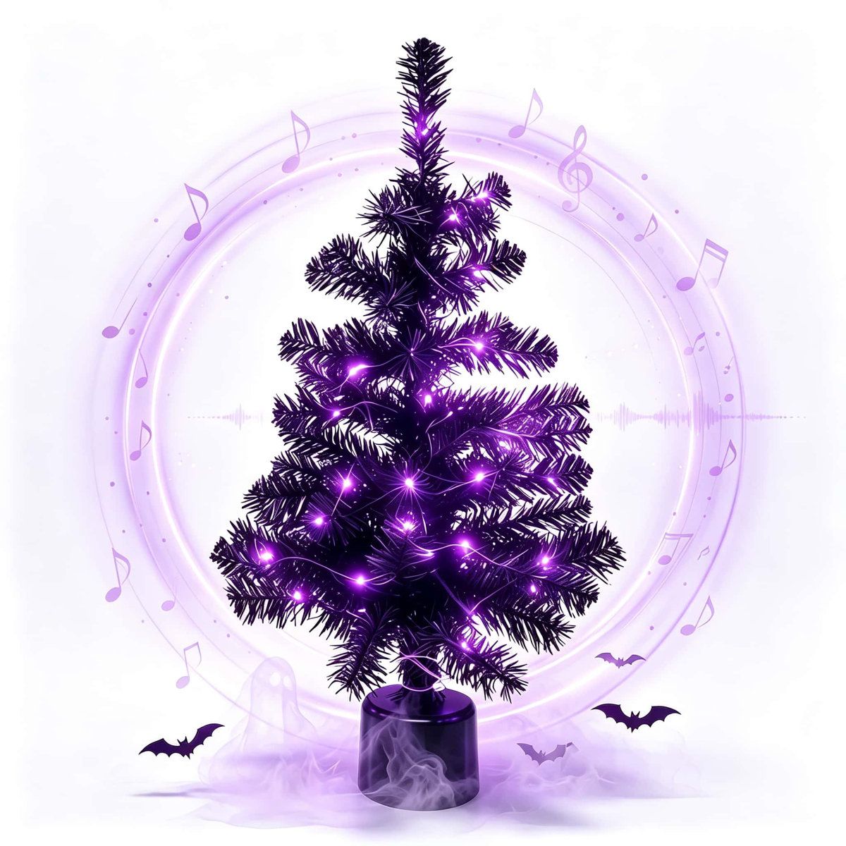 2 Ft Black Rotating Halloween Tabletop Tree Pre Lit with 35 Purple LED Lights and Music