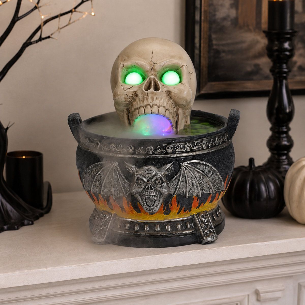 Halloween Cauldron Skull Statue with LED Lights and Fog Maker Tabletop Decor