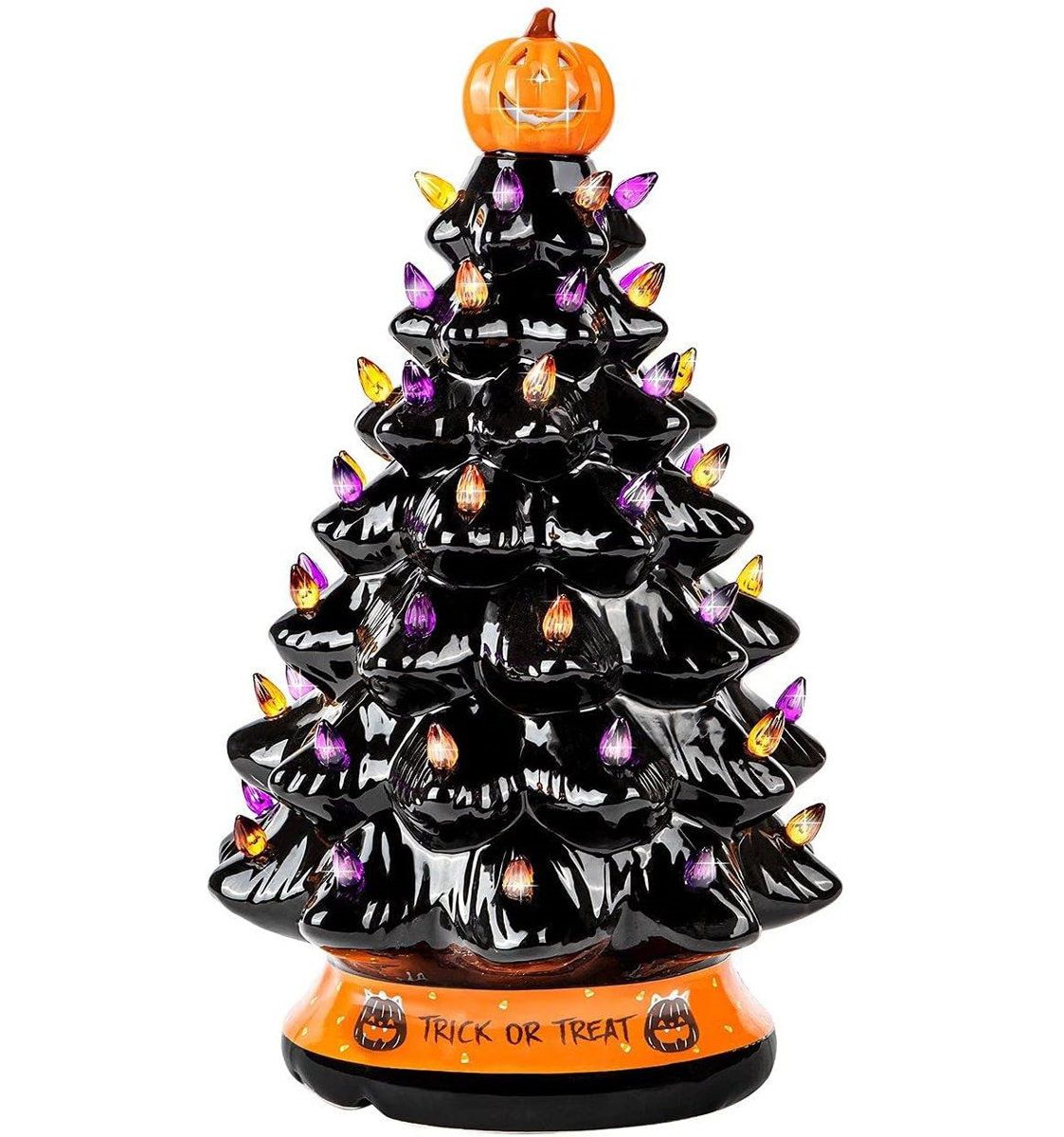 Handcrafted Black Ceramic Halloween Tree Tabletop Decor with LED Lights 15 Inch