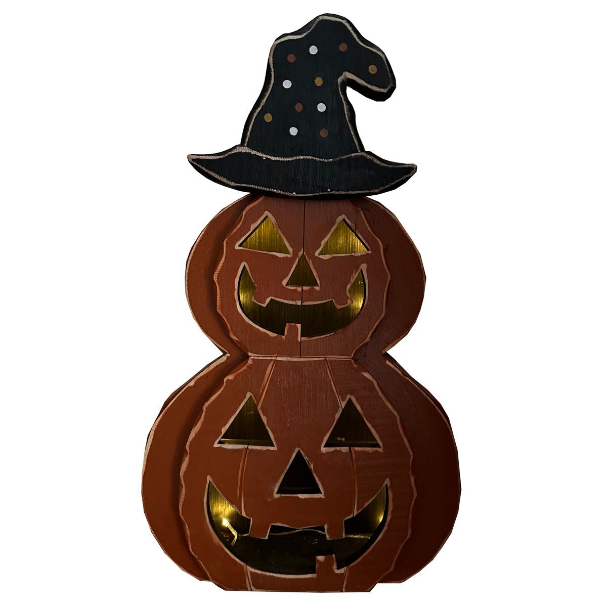 Wooden Lighted Jack O Lantern Halloween Decor with Hat and Timer 26 Inch
