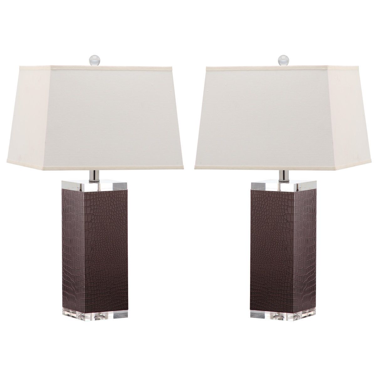 Fabric Table Lamp Set of 2 with Faux Leather Base and Off White Shade