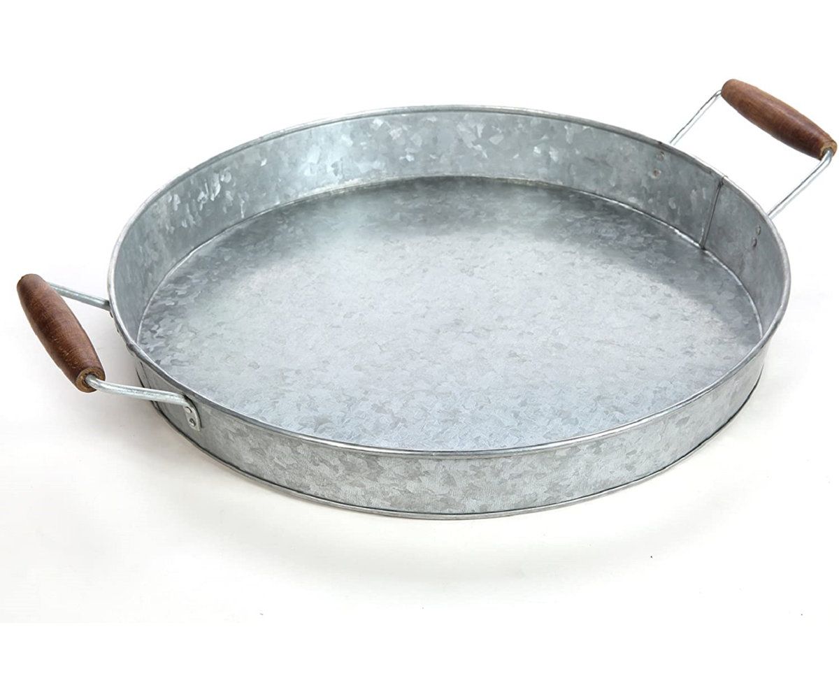 Round Galvanized Metal Tray with Wooden Handles 16 Inch Decorative Serving Tray