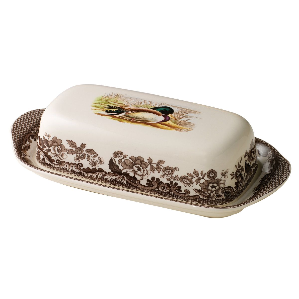 Rectangular Porcelain Covered Butter Dish Mallard Design White and Brown