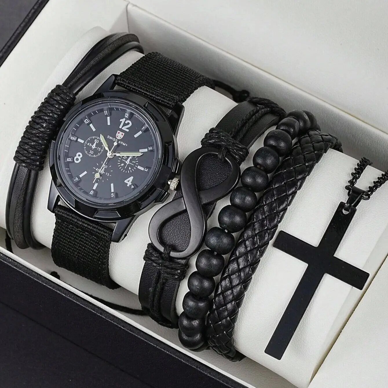 PU Leather Beaded Bracelet Watch with Cross Necklace Black