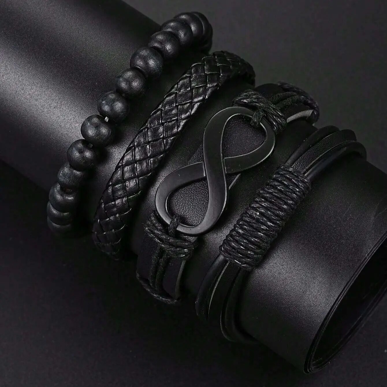 PU Leather Beaded Bracelet Watch with Cross Necklace Black