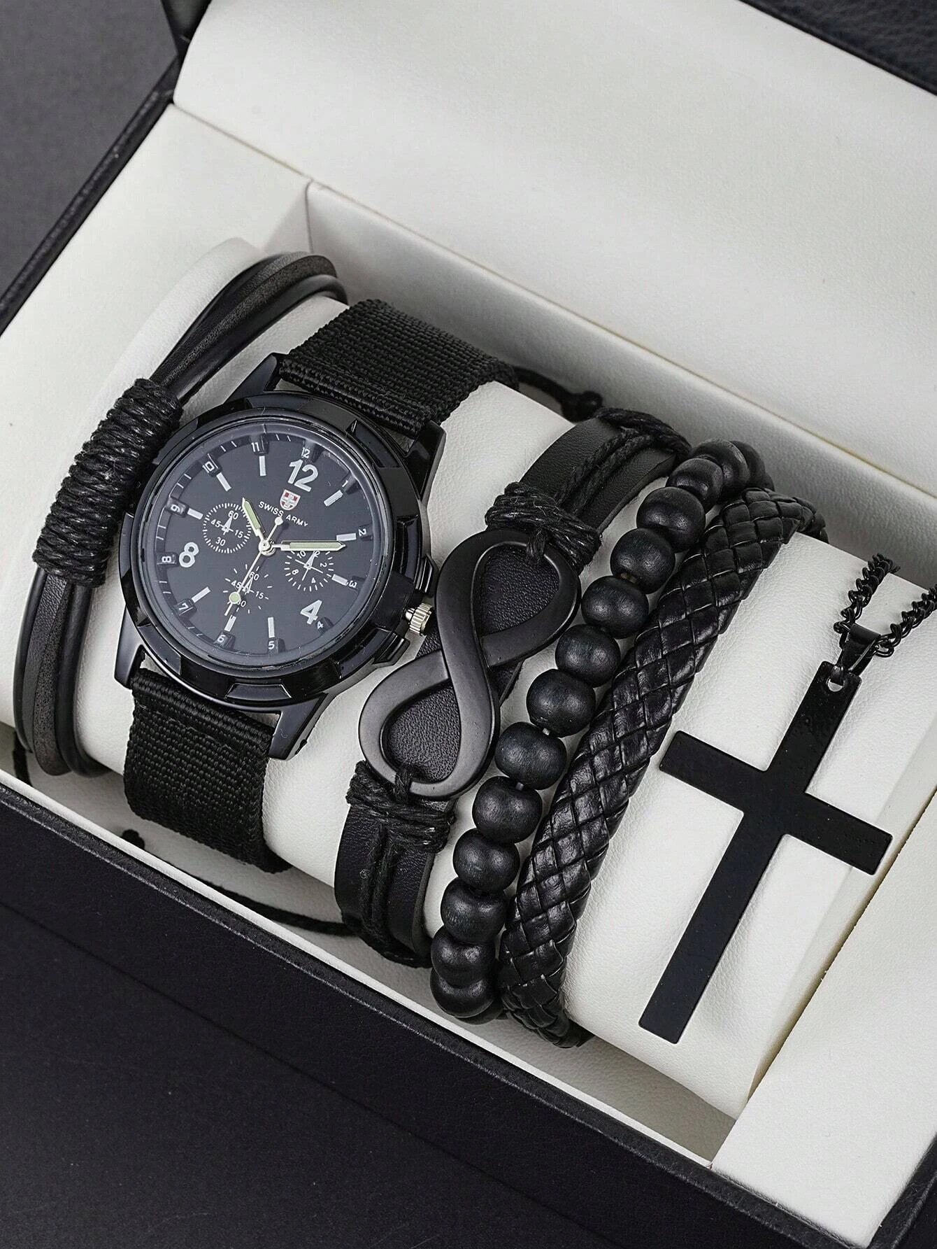 PU Leather Beaded Bracelet Watch with Cross Necklace Black