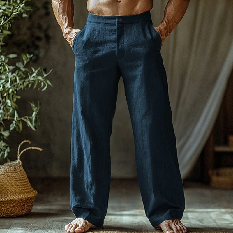 Men's Cotton and Linen Beach Pants Loose Straight Leg Casual Trousers