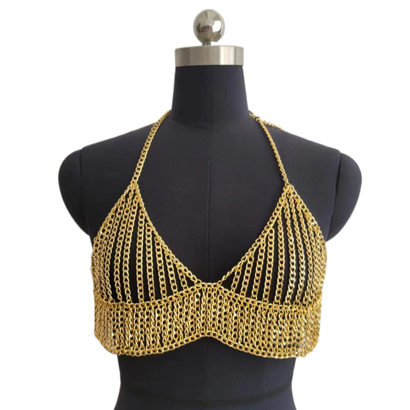 Radiant Gold Chainmail Halter Neck Crop Top for Beach and Club Parties