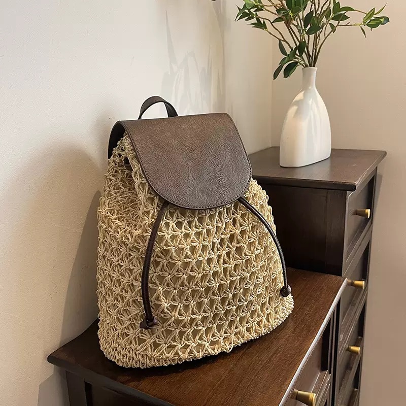 Handmade Bohemian straw backpack and summer shoulder bag for beach and travel