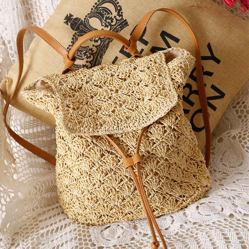 Handmade Woven Straw Backpack and Summer Beach Bag