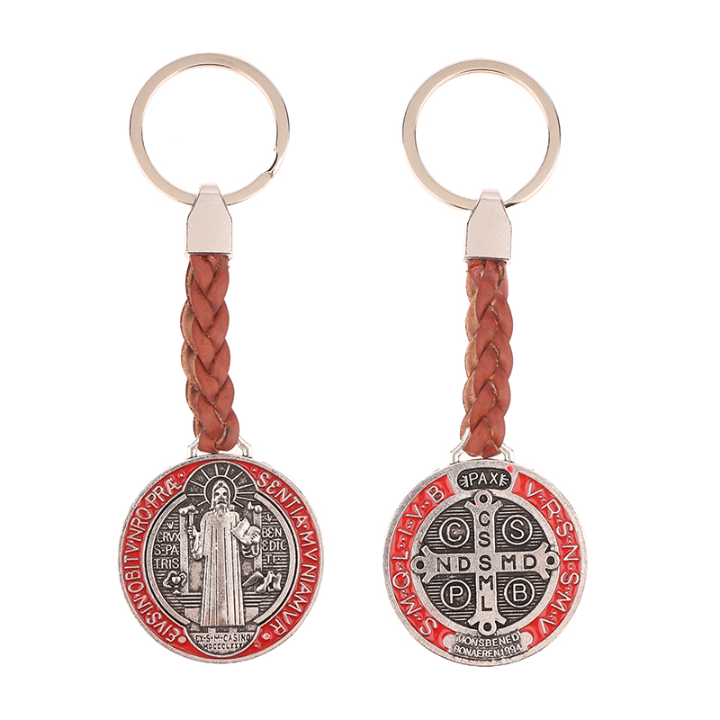 Vintage Saint Benedict PU Leather Keychain Religious Gift